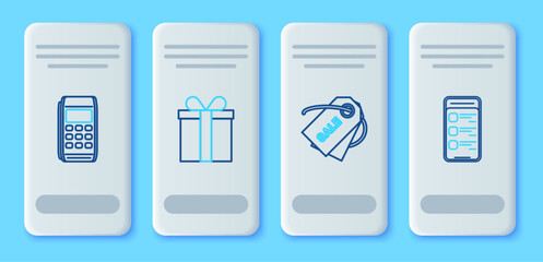 Set line Gift box, Price tag with an inscription Sale, Pos terminal and Online shopping mobile phone icon. Vector