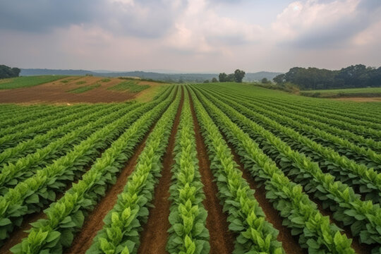 Aerial view young green tobacco plant field, Tobacco plantation leaf crops growing in tobacco plantation field