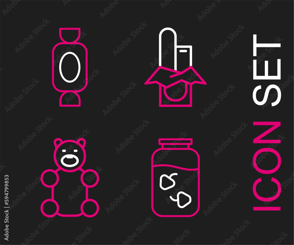 Poster Set line Strawberry jam jar, Jelly bear candy, Chocolate bar and Candy icon. Vector