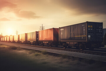 Obraz premium Freight car trailer with cargo container and freight train with cargo containers background, import export business logistic, Auto or automobile business commercial background concept