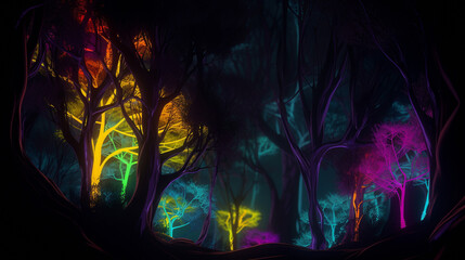 Abstract image of trees glowing in the night