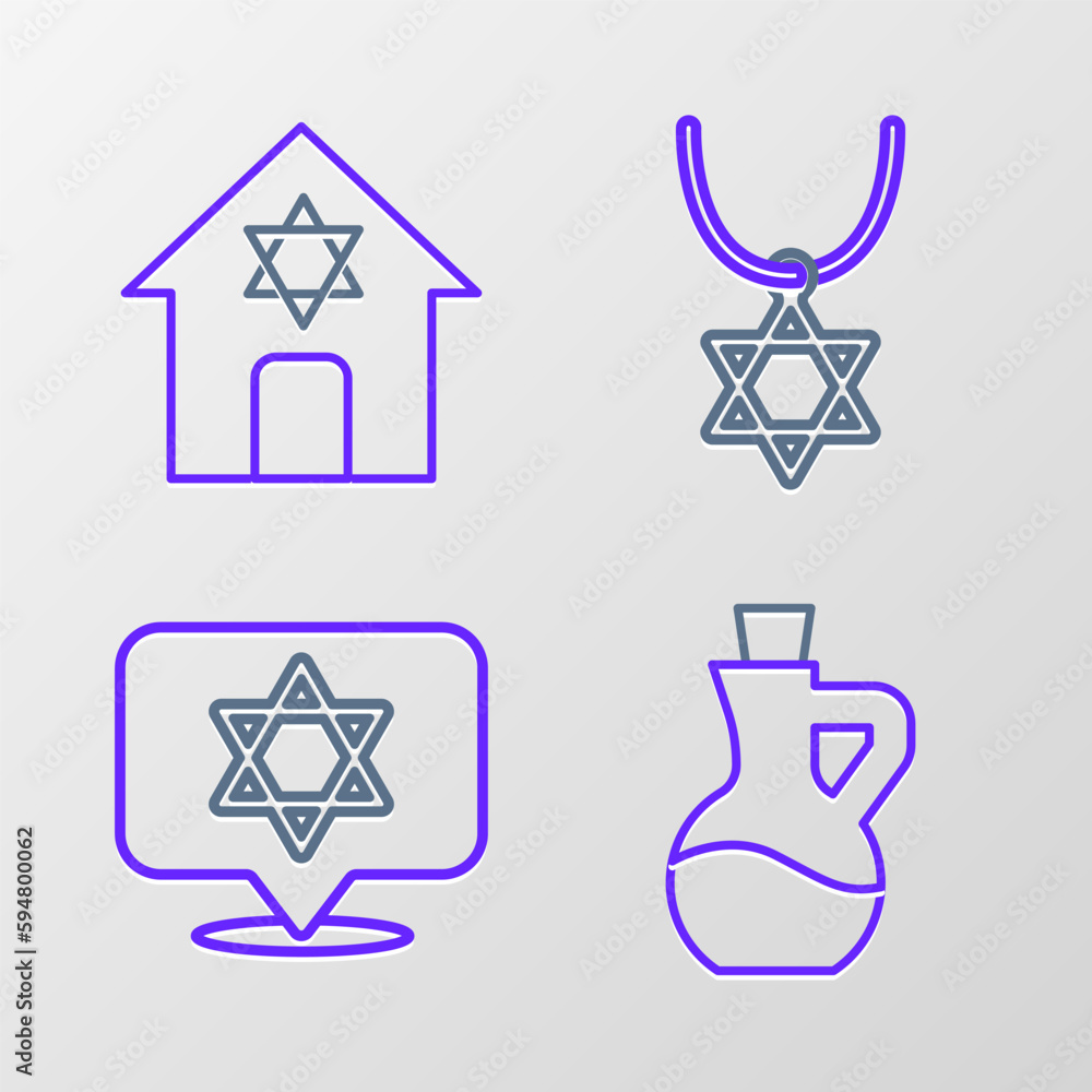 Canvas Prints Set line Bottle of olive oil, Star David, necklace on chain and Jewish synagogue icon. Vector