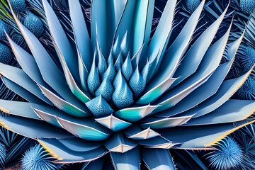 Abstract agave plant with flower pattern Dragon tree, blue foxtail agave flowering green pattern top view. - generative ai