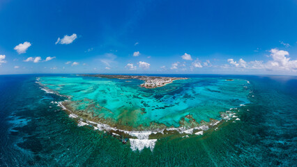aerial panorama of San Andres islands, department of Colombia with blue sea and coral reef
