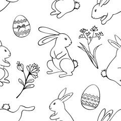 Cute seamless pattern with Easter Rabbits, eggs and plants. Line art. Black and white illustration on white. Vector background.