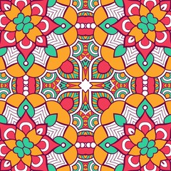 Naklejka premium Abstract Pattern Mandala Flowers Plant Art Colorful Red Green Yellow 653