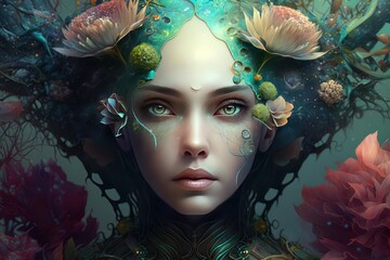 a illustration of a woman with flowers in her hair Generative AI