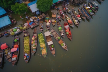 Aerial view famous floating market in Thailand, Damnoen Saduak floating market, Farmer go to sell organic product, fruit, vegetable and Thai cuisine, Tourists visiting by boat, Ratchaburi, Thailand