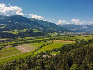Aerial view Tratzberg castle in Stans, Tirol. Austria by drone. Alps mountains. River Inn.