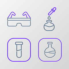 Set line Test tube and flask, and Safety goggle glasses icon. Vector