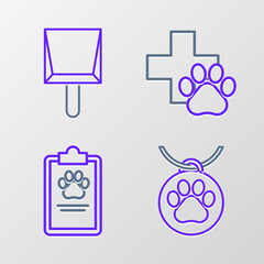 Set line Collar with name tag, Clipboard medical clinical record pet, Veterinary symbol and Dustpan icon. Vector