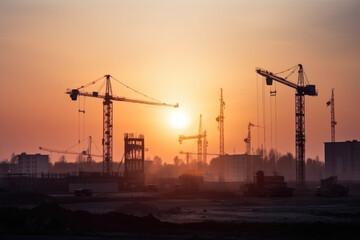 Silhouette construction large construction site including several cranes working industry construction cranes and buildings and sunset 
