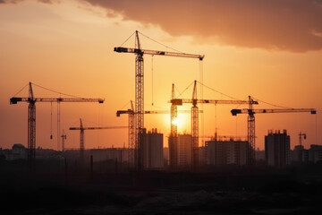 Fototapeta na wymiar Silhouette construction large construction site including several cranes working industry construction cranes and buildings and sunset 