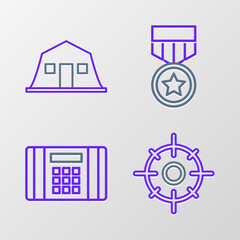 Set line Target sport, Dynamite bomb, Military reward medal and barracks icon. Vector