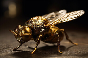 Beautiful golden insect fly jewelry macro close up. Gold luxury design art. Ai generated
