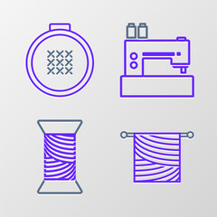 Set line Knitting, Sewing thread on spool, machine and Round adjustable embroidery hoop icon. Vector