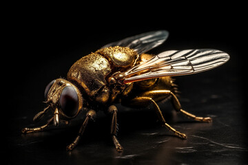 Fototapeta premium Beautiful golden insect fly jewelry macro close up. Gold luxury design art. Ai generated