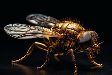 Beautiful golden insect fly jewelry macro close up. Gold luxury design art. Ai generated