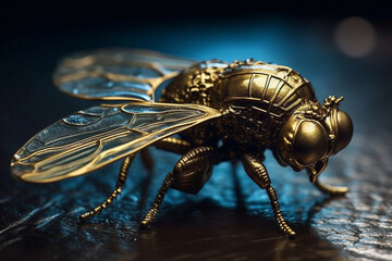Beautiful golden insect fly jewelry macro close up. Gold luxury design art. Ai generated