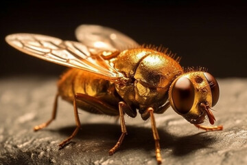 Beautiful golden insect fly jewelry macro close up. Gold luxury design art. Ai generated