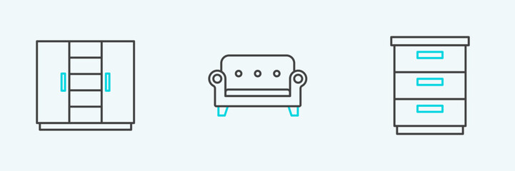 Set line Furniture nightstand, Wardrobe and Sofa icon. Vector