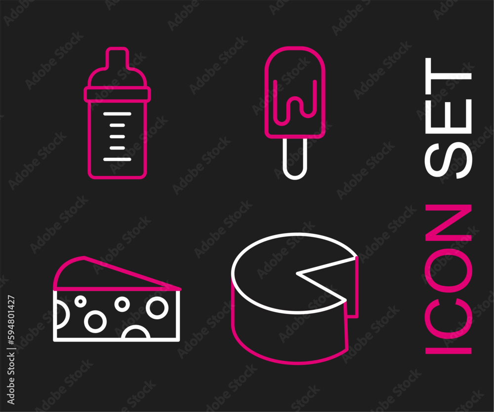 Poster Set line Cheese, Ice cream and Baby milk in bottle icon. Vector