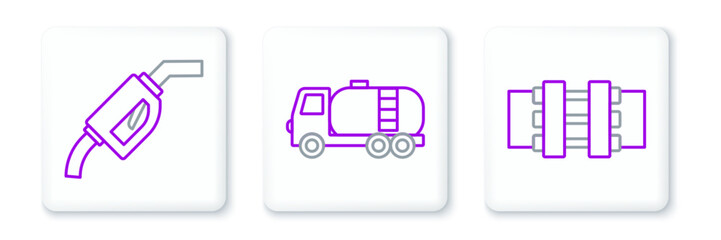 Set line Metallic pipes and valve, Gasoline pump nozzle and Tanker truck icon. Vector