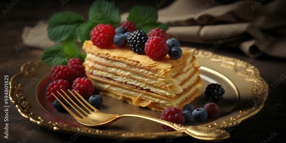 Poster an up-close look of a slice of napoleon cake and some berries. generative ai
