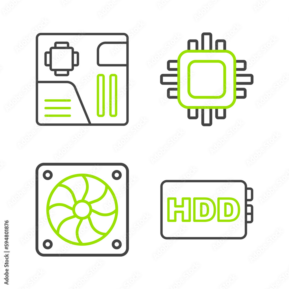 Poster set line hard disk drive hdd, computer cooler, processor with cpu and motherboard digital chip icon.
