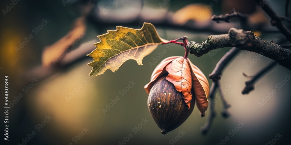 Poster image shows a single acorn on a tree limb, taken at close range, against a fuzzy backdrop. generativ