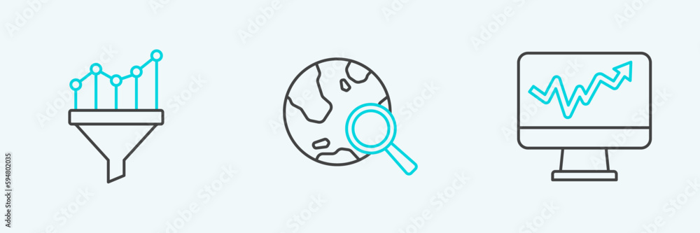 Poster set line monitor with graph chart, sales funnel and search globe icon. vector