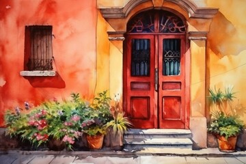 Fototapeta na wymiar Watercolor painting of red facade of the house with door and flowers. Old colorful architecture in Peru. Generative AI