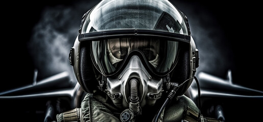 Fototapeta premium Fighter pilot and his fighter at the airport in standby mode. on dark background with copy space, digital ai art