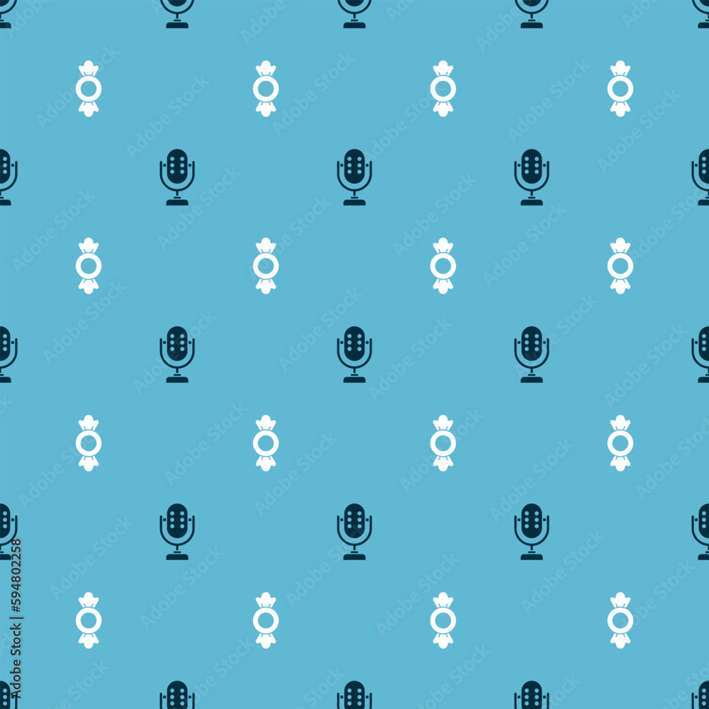 Poster set microphone and candy on seamless pattern. vector