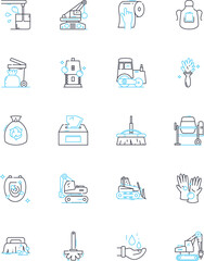 Scrubbing linear icons set. Exfoliating, Cleansing, Polishing, Renewing, Refining, Smoothing, Purifying line vector and concept signs. Revitalizing,Detoxifying,Clarifying outline illustrations