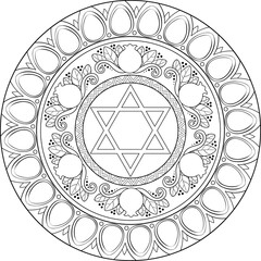 Star of David mandala coloring page. Judaism linear illustration