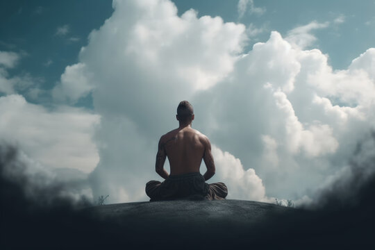 man meditating against a gloomy sky. Generative AI