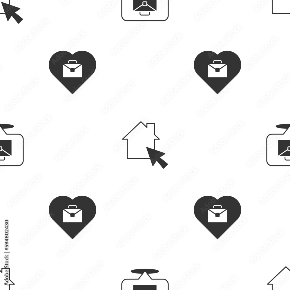Poster set online working, and heart with text on seamless pattern. vector