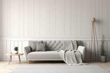 Scandinavian style interior wall mock up with grey velvet sofa and pillows on white wall background with free space on left. 3d rendering. Generative AI