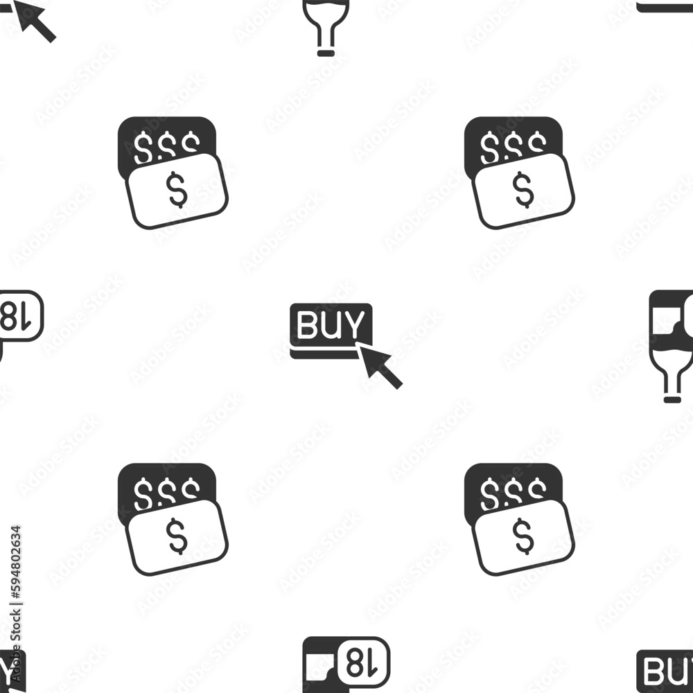 Poster set wine bottle, buy button and new price tag dollar on seamless pattern. vector
