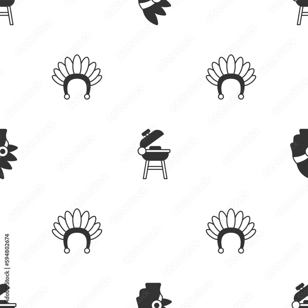 Sticker set native american indian, barbecue grill and headdress with feathers on seamless pattern. vector