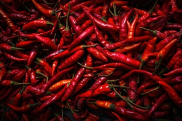 Fototapeta premium Full frame background of red hot chili peppers. Generative AI 
