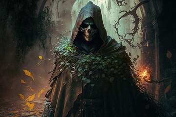 a man in a hooded cloak standing in a dark forest Generative AI