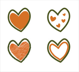 set of hearts in autumn colors, green and brown on white background