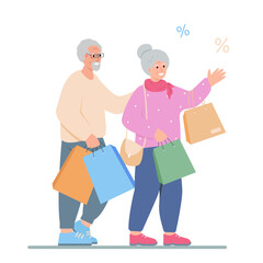 Senior man and woman with shopping bads at sale. Elderly couple go shopping together. Active lifestyle for grandparents. Vector cartoon or flat illustration.