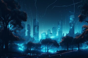 Fototapeta na wymiar a digital rendering of a city at night with skyscrapers and trees in the foreground and a neon blue light in the background with a tree in the foreground. generative ai