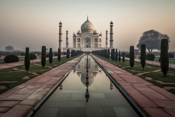 Obraz premium The Taj Mahal, photographed from the reflecting pool in front of it at dawn. The shot features the Taj Mahal in its entirety, with no obstructions.