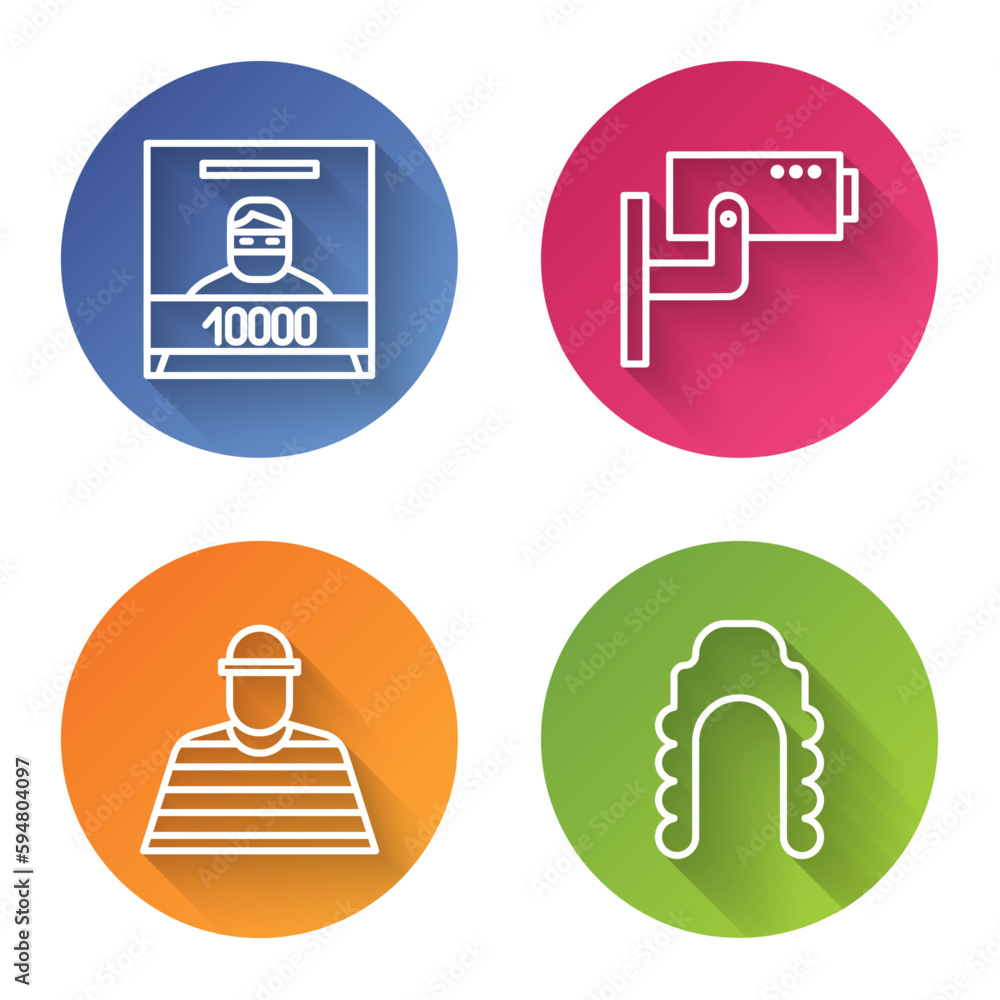 Poster set line wanted poster, security camera, prisoner and judge wig. color circle button. vector