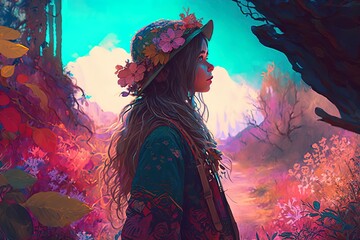 a illustration of a girl standing in a forest Generative AI
