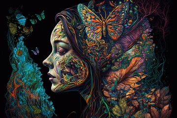 a illustration of a woman with butterflies on her head Generative AI